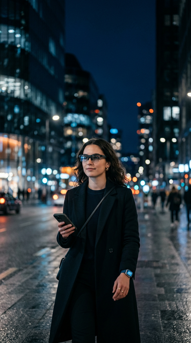 Woman walking through the city at night, connected